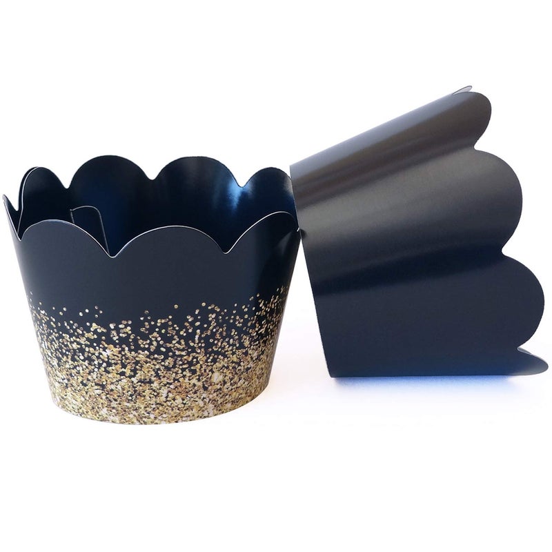 Pretty Cute Studios Black/Gold Graduation, Retirement Cupcake Wrappers, 50 Count, Adjustable Size, Faux Gold Glitter Design, Disposable Cupcake Wrappers - Image 2